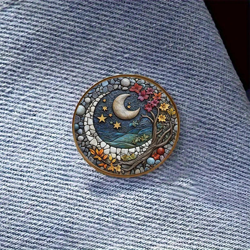 Moon Tree Night Sky Alloy Resin Round Brooch Badge Decor