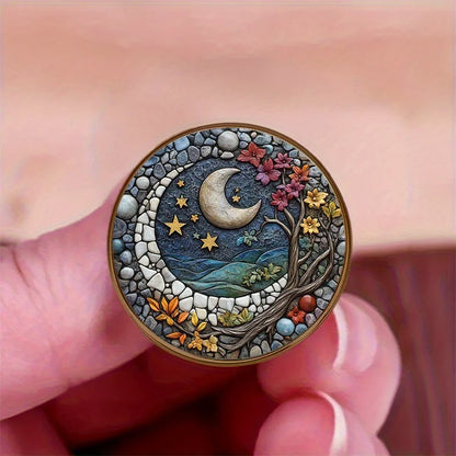 Moon Tree Night Sky Alloy Resin Round Brooch Badge Decor