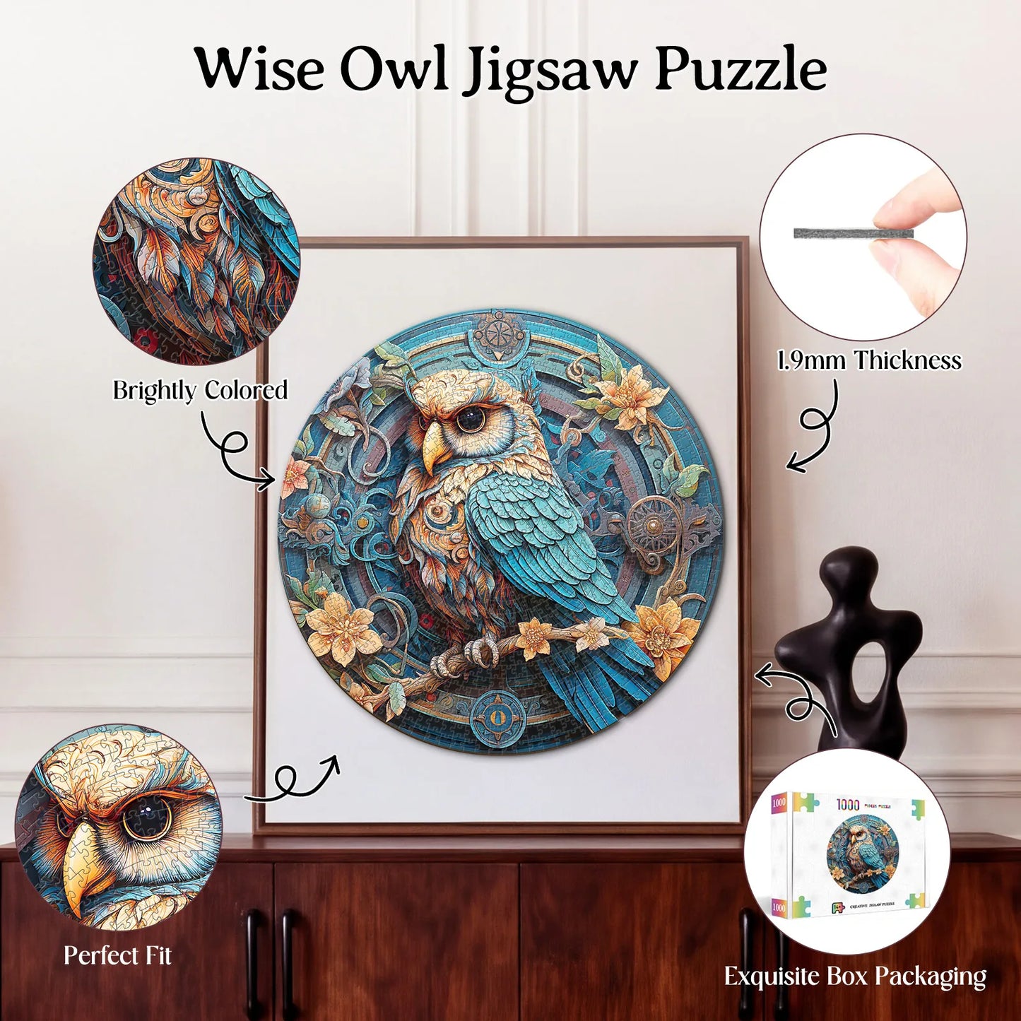 Custom Animal Jigsaw Puzzle: Owl & Floral Art (1000-Piece Round)