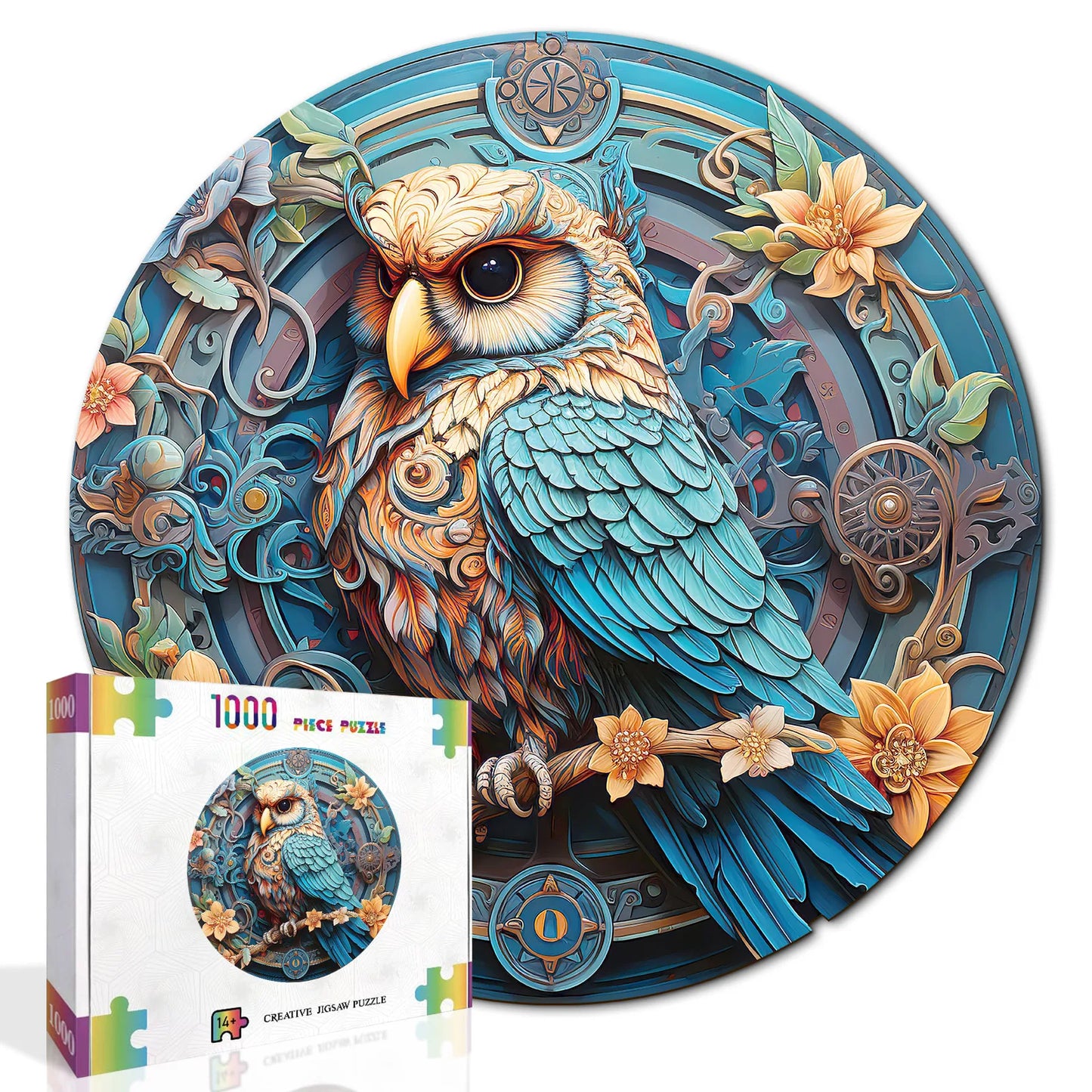 Custom Animal Jigsaw Puzzle: Owl & Floral Art (1000-Piece Round)