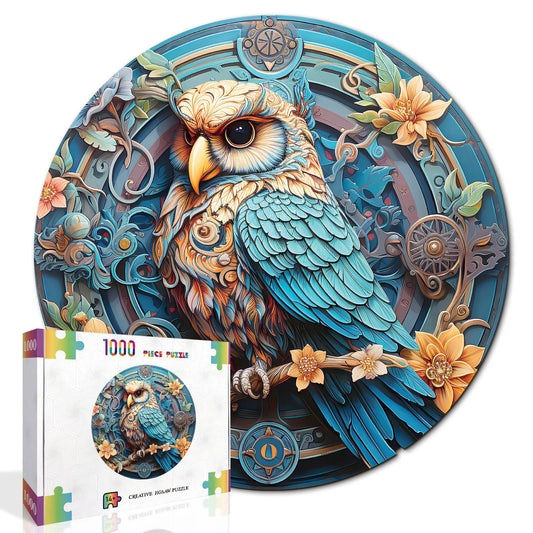 Custom Animal Jigsaw Puzzle: Owl & Floral Art (1000-Piece Round)