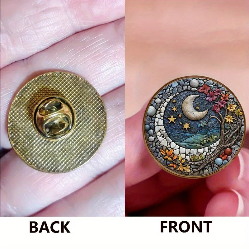Moon Tree Night Sky Alloy Resin Round Brooch Badge Decor