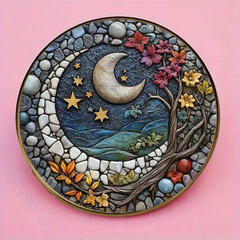 Moon Tree Night Sky Alloy Resin Round Brooch Badge Decor