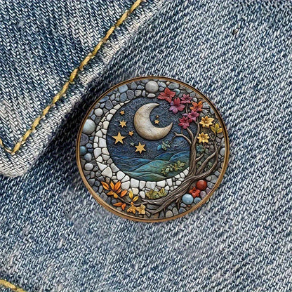 Moon Tree Night Sky Alloy Resin Round Brooch Badge Decor