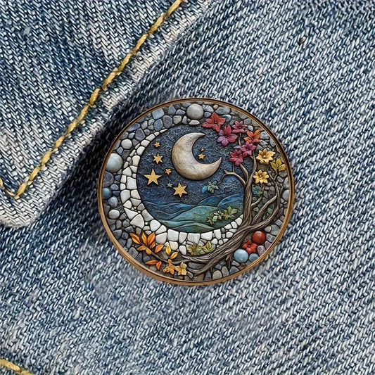 Moon Tree Night Sky Alloy Resin Round Brooch Badge Decor