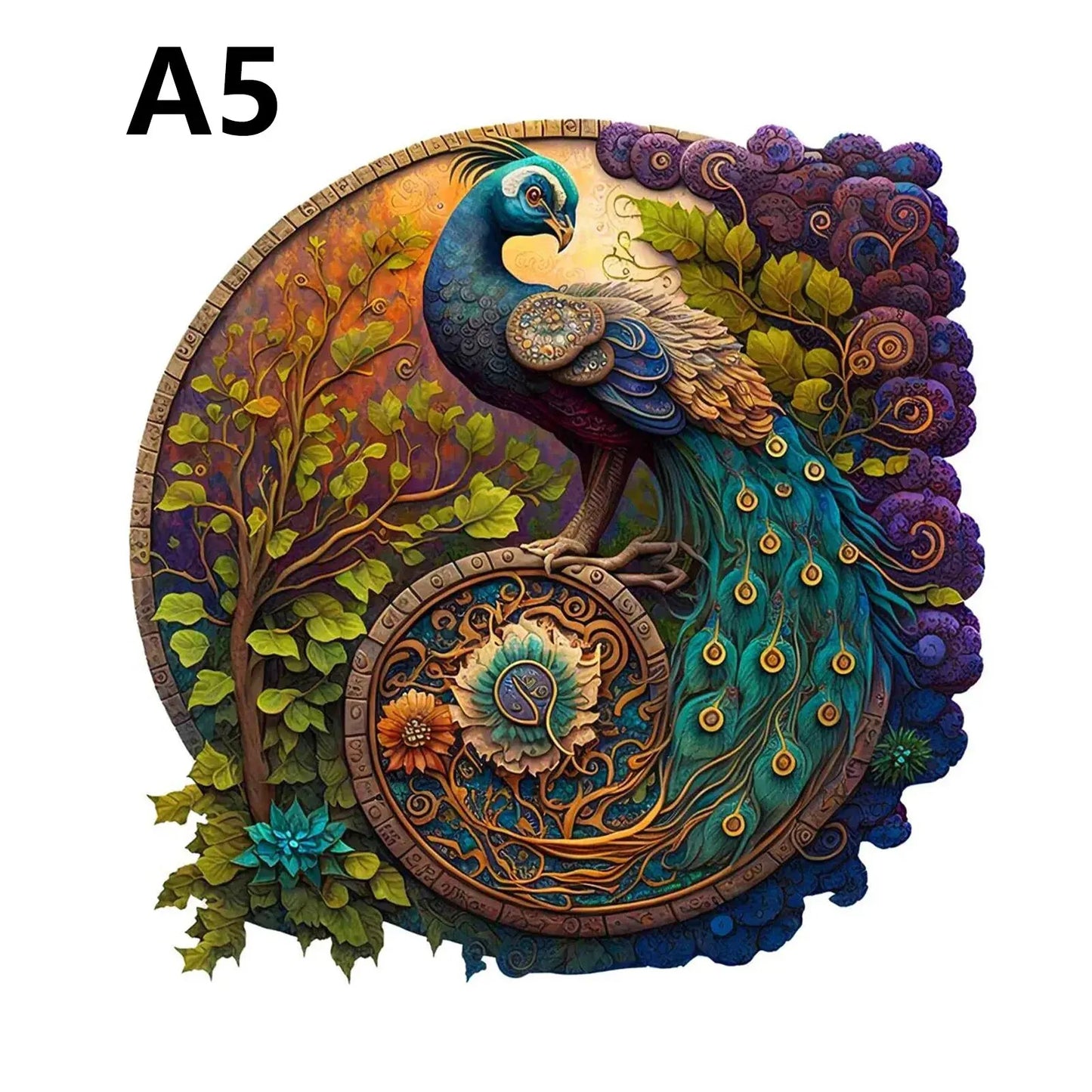 Round Peacock Wooden Jigsaw Puzzle - Irregular Animal Shapes