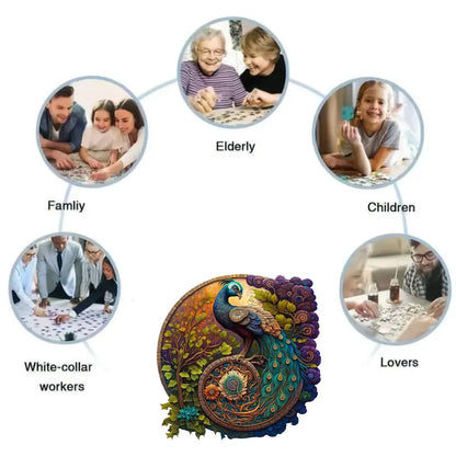 Round Peacock Wooden Jigsaw Puzzle - Irregular Animal Shapes