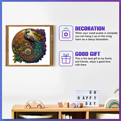 Round Peacock Wooden Jigsaw Puzzle - Irregular Animal Shapes