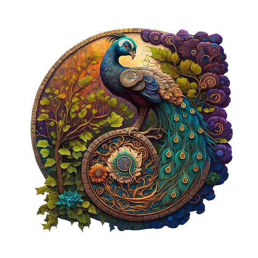 Round Peacock Wooden Jigsaw Puzzle - Irregular Animal Shapes